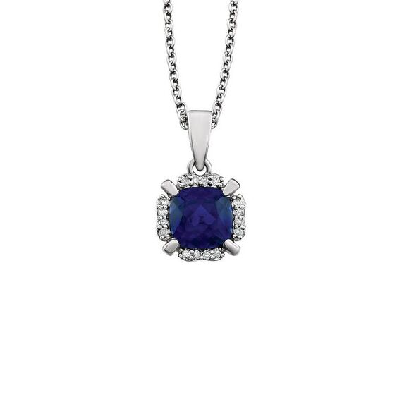 Cushion Created Sapphire & Diamond Necklace in 14k White Gold 18 Inch